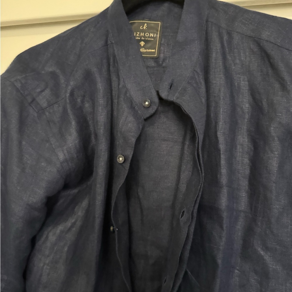 Navy and White Striped linen Shirt - Picture 2 of 4